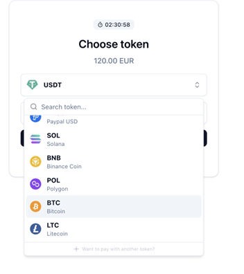 The token selection interface for a payment of 120.00 EUR with USDT selected and a drop-down list of other tokens to choose from.