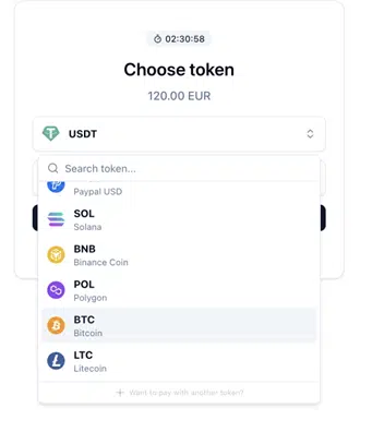 The token selection interface for a payment of 120.00 EUR with USDT selected and a drop-down list of other tokens to choose from.