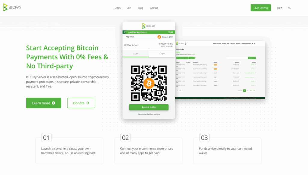 Zeno Bank's Crypto Payment Gateway Deep Dive BTCPay Server homepage showing its Bitcoin payment invoice and invoices dashboard.