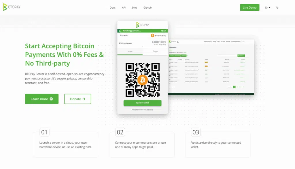 BTCPay Server homepage showing its Bitcoin payment invoice and invoices dashboard.