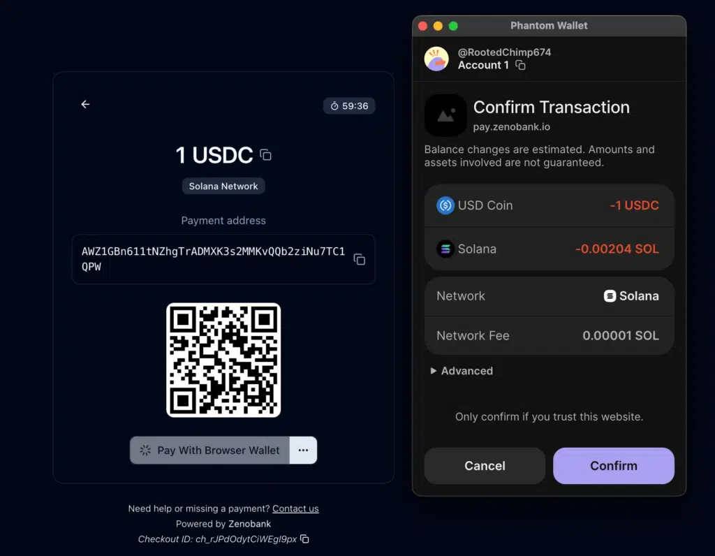 Signing a 1 USDC transaction on Zeno Bank's crypto payment gateway