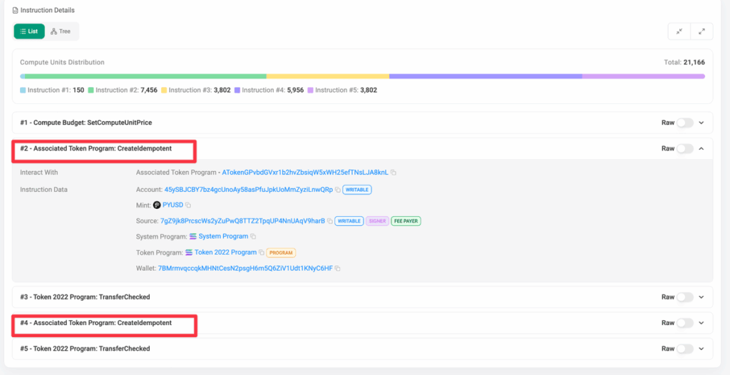 Zeno Bank's Crypto Payment Gateway Deep Dive Screenshot of a Solana block explorer showing the instruction details of a consolidation transaction, with five instructions listed and the two create_ata (CreateIdempotent) instructions highlighted in red.