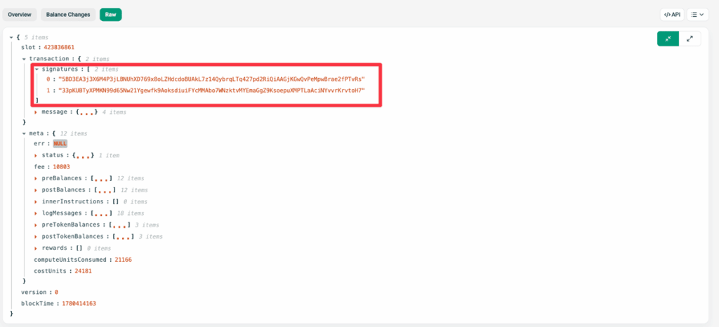 Zeno Bank's Crypto Payment Gateway Deep Dive Raw view of the consolidation transaction on Solscan, showing the two original signatures — one per signer that are actually broadcast to the blockchain.