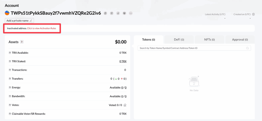 Zeno Bank's Crypto Payment Gateway Deep Dive TronScan screenshot showing an inactive Tron address.
