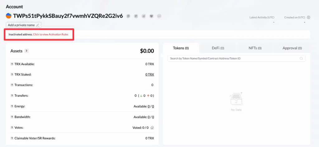 TronScan screenshot showing an inactive Tron address.
