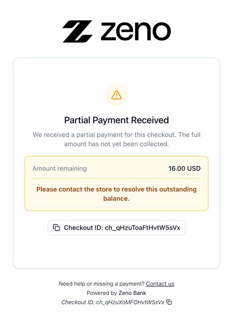 Zeno Bank's Crypto Payment Gateway Deep Dive Zeno Bank Checkout marked as partially paid