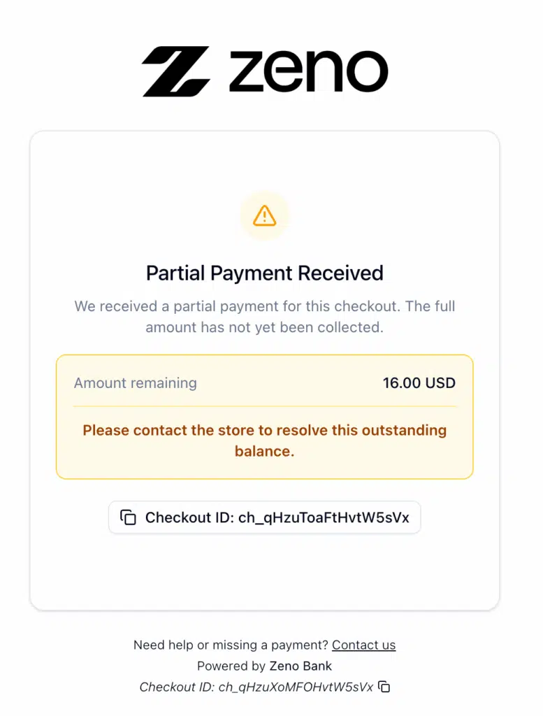 Zeno Bank Checkout marked as partially paid