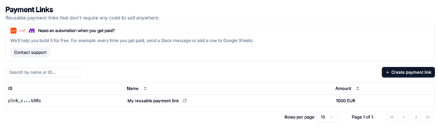 Payment Links, White-Label Checkout & Multiple Stores in One Account Zeno Bank Payment Links Dashboard page with one payment link listed at 1000 EUR