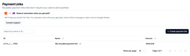 Zeno Bank Payment Links Dashboard page with one payment link listed at 1000 EUR