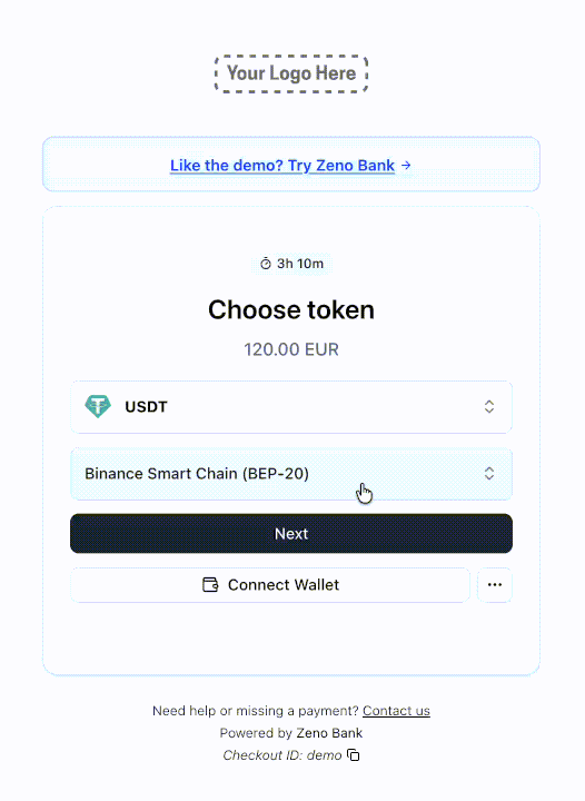 zeno checkout token and network selection