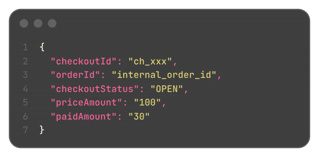 A JSON snippet shows an example of how checkout data is stored in the Zeno Bank database