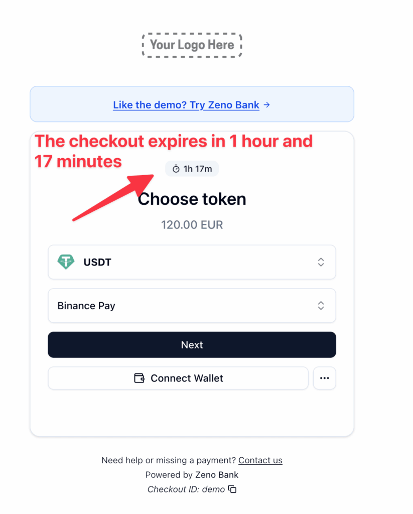 Zeno Bank's Crypto Payment Gateway Deep Dive Screenshot highlighting the expiration date of a checkout on Zeno Bank
